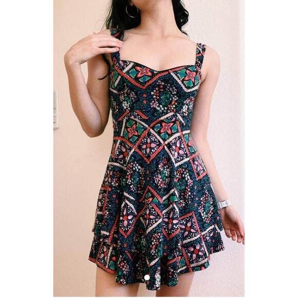 Free People Women's Medium Black Pink Green Fit Flare Mini Dress - Picture 1 of 6